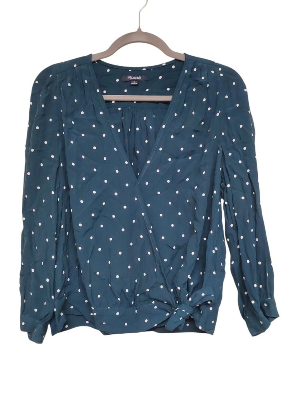 Madewell Women's Dark Hunter Green White Polka Dot Tie Hem Faux Wrap Blouse M